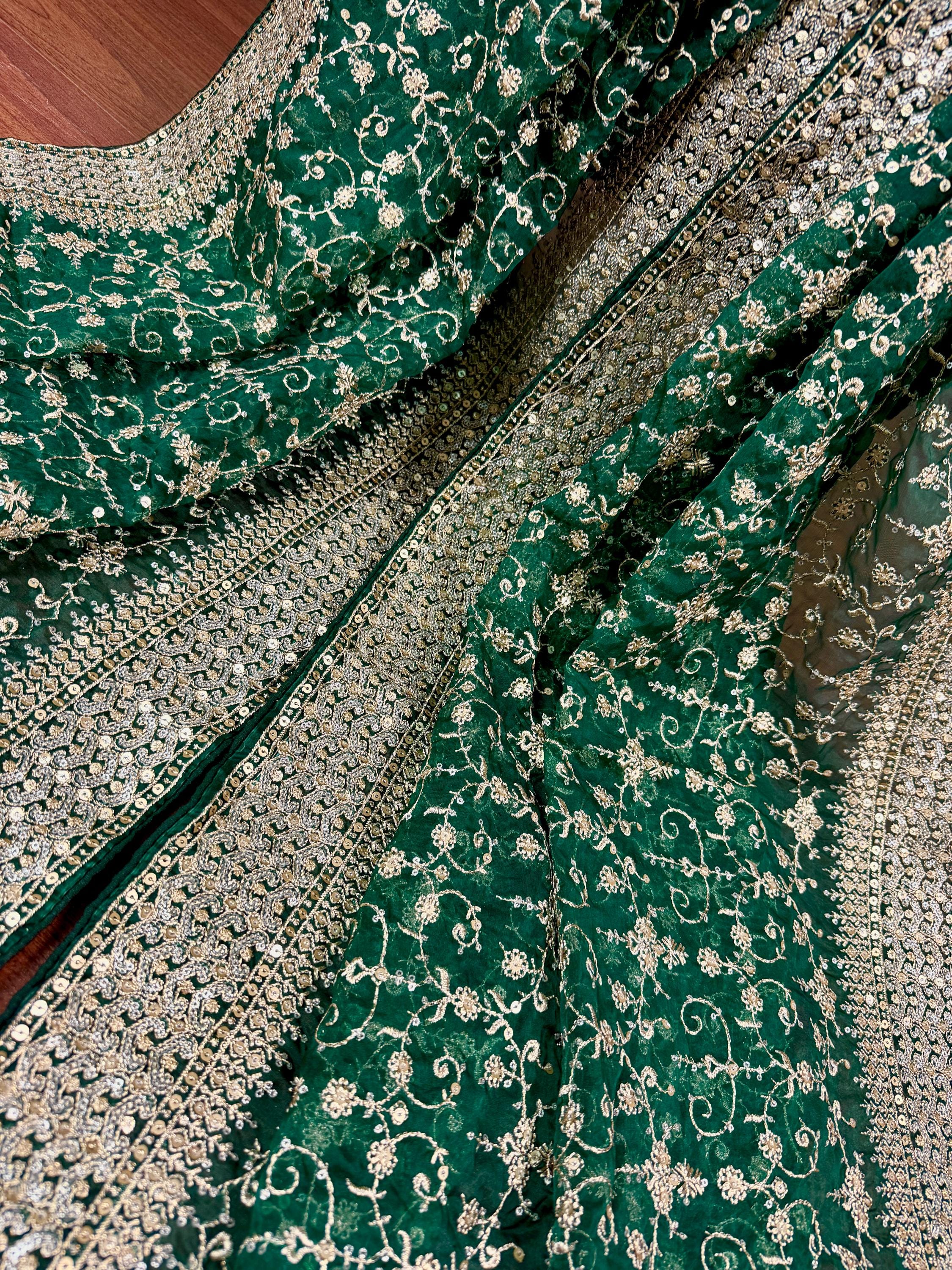 Bottle Green Organza Silk Dupatta, Gold Zari Embroidery, Wedding