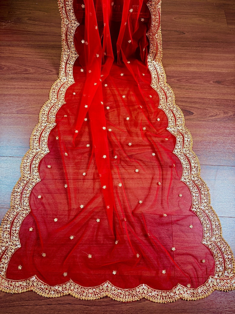 Dupatta de red de color rojo con zari dorado, lentejuelas y cuentas / Dupatta de color rojo / Dupatta roja con lentejuelas / Dupatta india para lehangas imagen 10
