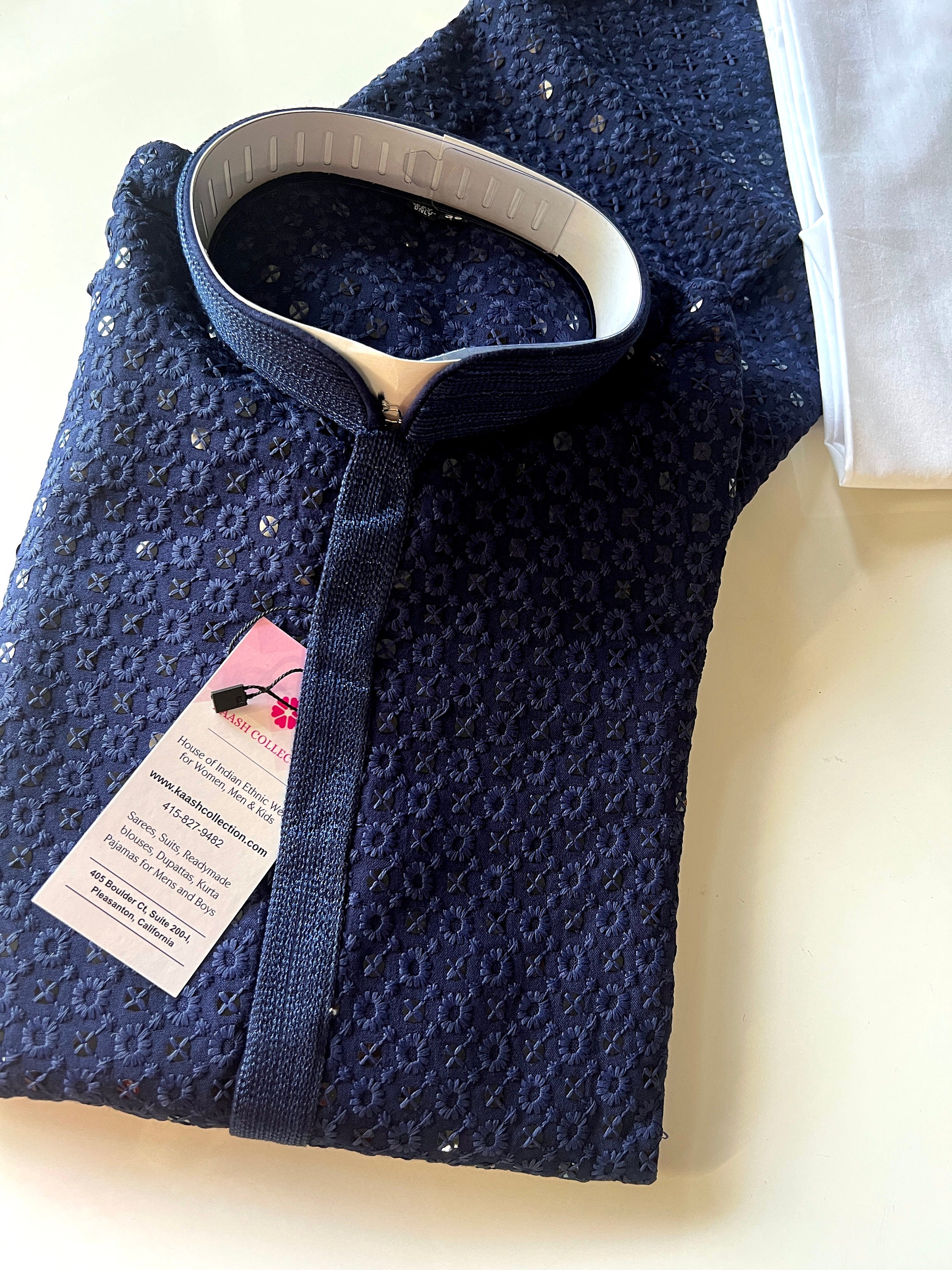Dark Blue Sequin Chikhenkari Kurta Pajama Set | Men