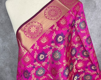 Dupatta de seda Banarasi rosa magenta con tejido Zari dorado apagado en patrón floral y trabajo Meenakari Dupatta / Regalo para ella / Dupattas EE.UU.