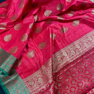Statement Magenta with Green Combination  Semi-Tussar Silk Saree With Antique Zari Weaving Work | Statement Sarees USA