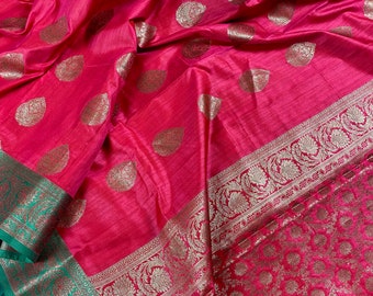 Magenta with Green Combination  Semi-Tussar Silk Saree With Antique Zari Weaving Work  |  | Kaash Collection