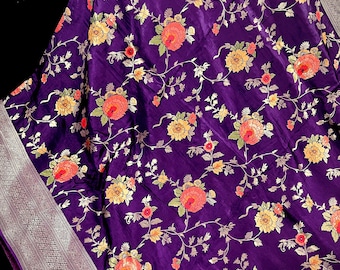 Statement Floral Jaal Saree in Purple Color in Pure Satin Silk, Silk Mark Certified