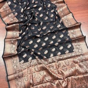 Statement Handmade Black Color Banarasi Cotton Silk Saree with Antique Zari Weave | Saree in USA | Black Color Saree | Ships from California