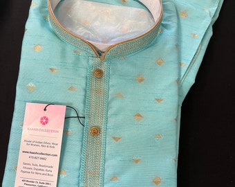 Sea Green Silk Kurta Pajama Set | Zari Weave, Men's Wedding Outfit