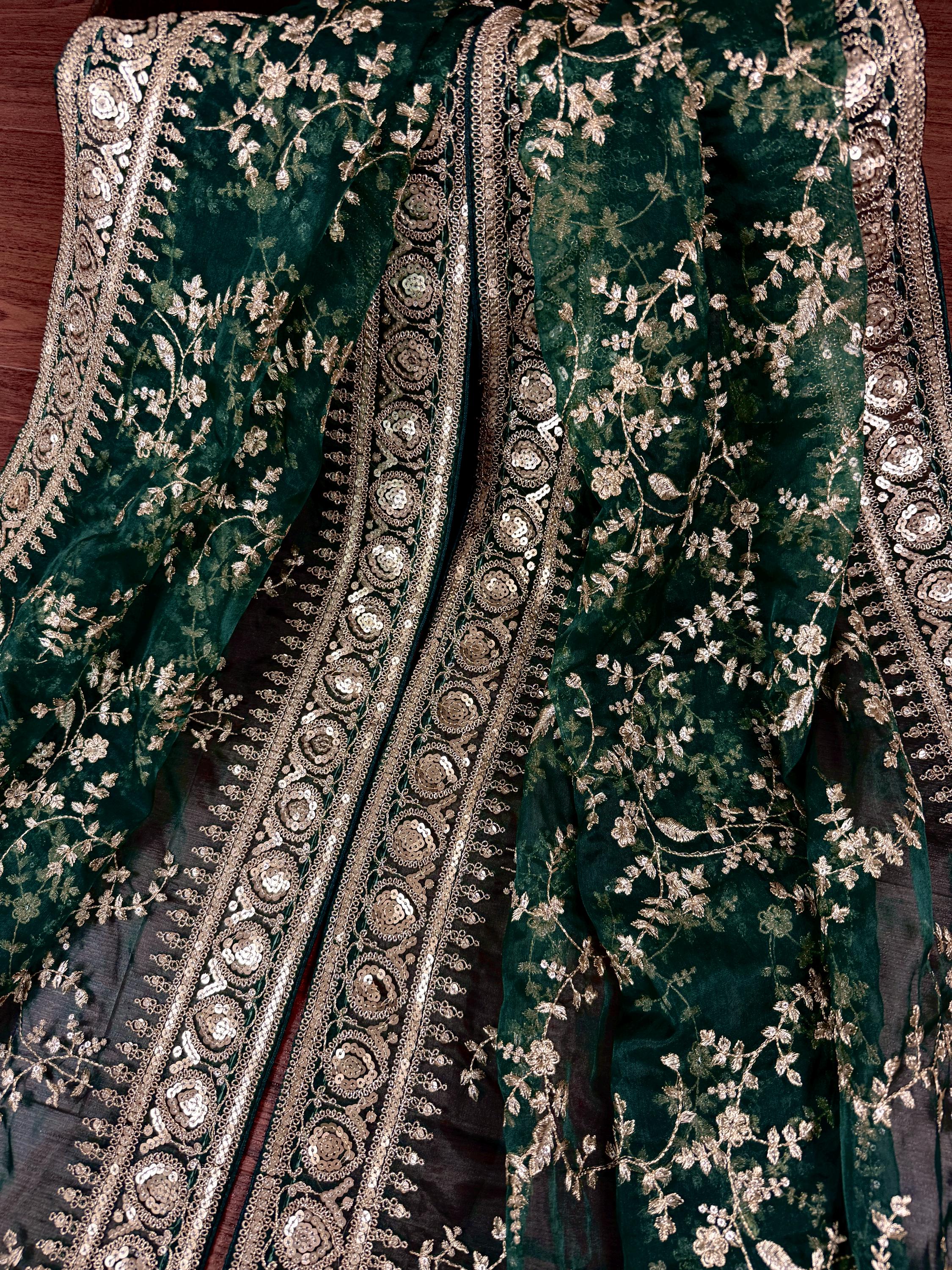 Statement Bottle Green Color Organza Silk Dupatta With Muted Gold