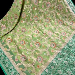 Pastel Green and Sea Green Color Pure Khaddi Georgette Banarasi Silk Saree | Floral Meenakari Jaal Silk Sari  | SILK MARK CERTIFIED
