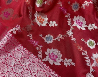 Deep Red Banarasi Katan Silk Saree with Meenakari Zari Weave Floral Jaal