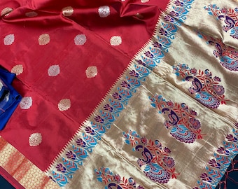 Rusty Red Paithani Soft Silk Saree with Muted Gold Zari | Paithani Sarees | Sarees in USA | Kaash Collection