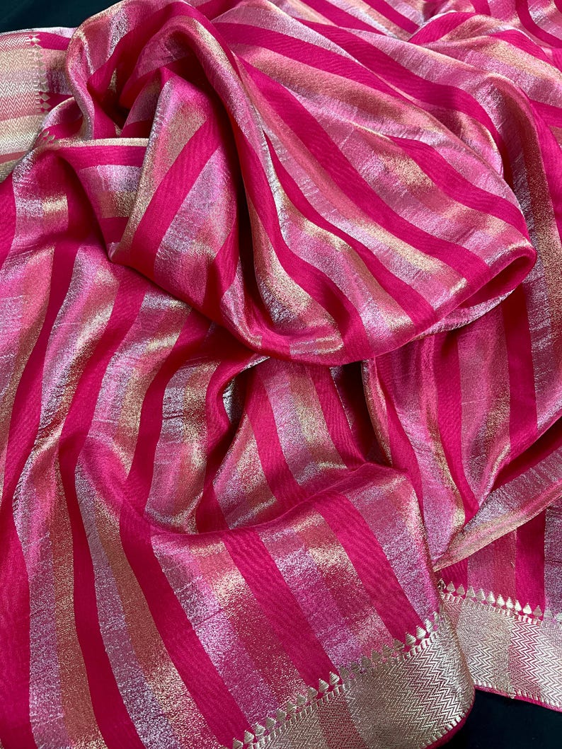 Statement Handmade Hot Pink Color Striped Banarasi Satin Tissue Silk