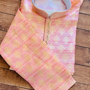 Size 38 | Peachy Pink with tint of Gold Kurta Pajama for Men with Floral Pattern Weaving | Indian Wedding collection for Men |  Kaash Kurta