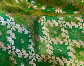 Dual Shade of Green Saree in  Banarasi Butter Soft Silk in Muted Gold Zari with Floral Design in Bandhej Pattern with Contrast Blouse