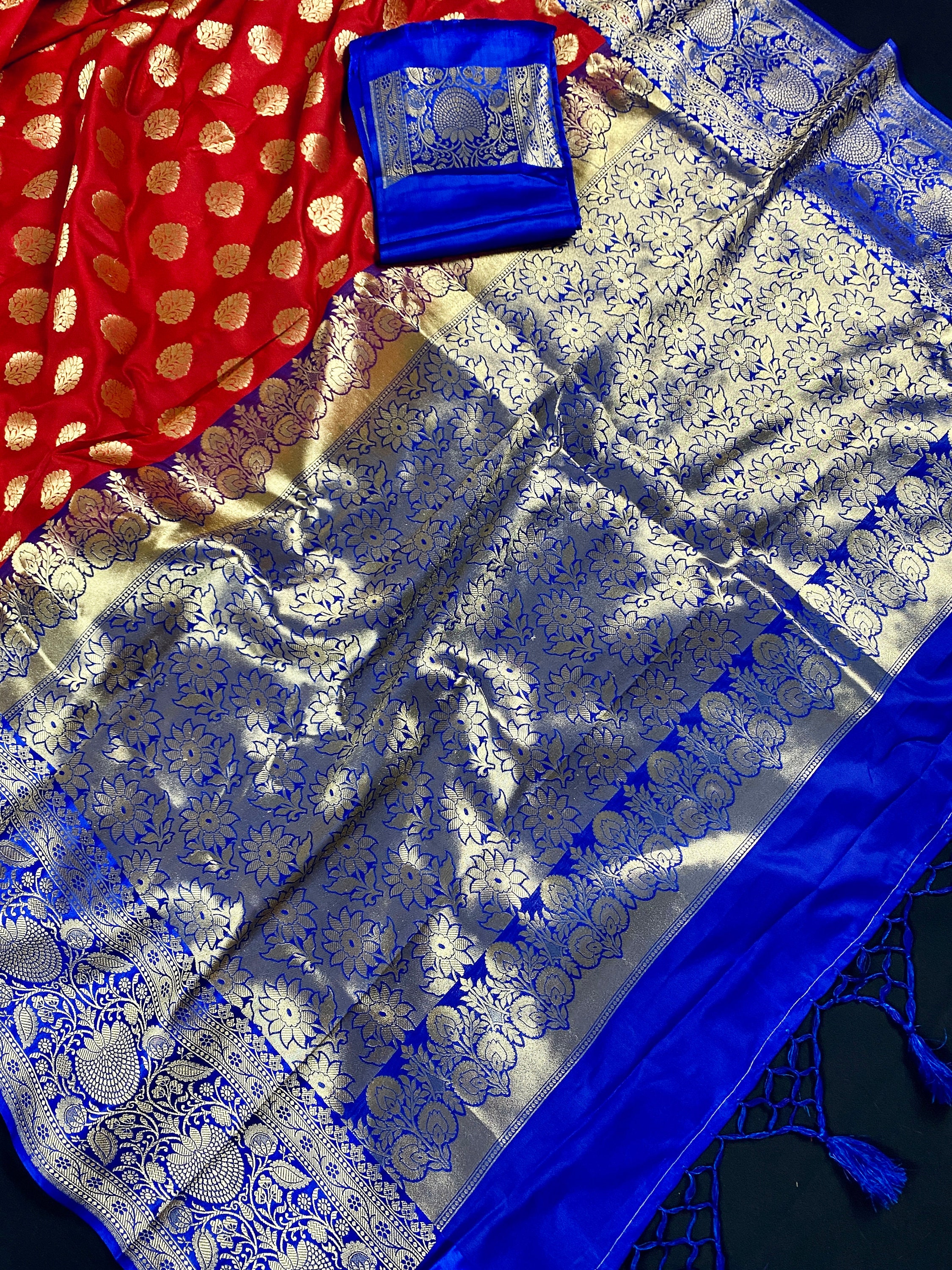 Red and blue store combination banarasi saree