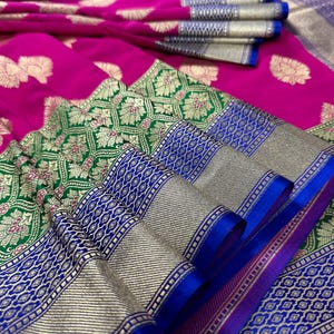 Hot Pink with Green and Blue color combination Traditional Satin Border Banarasi Handloom Soft Silk Saree | Silk Sarees