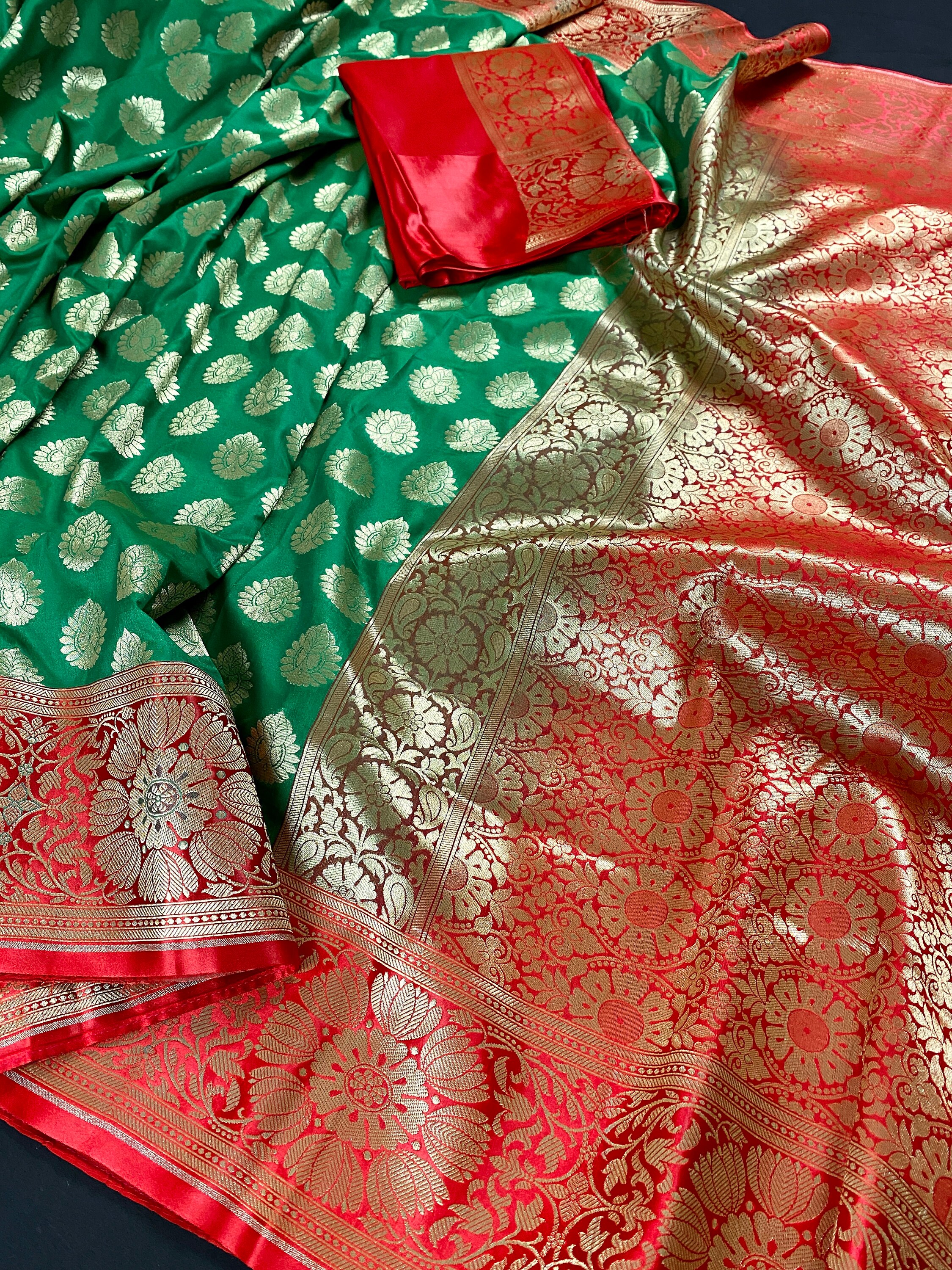 dark green and red combination saree