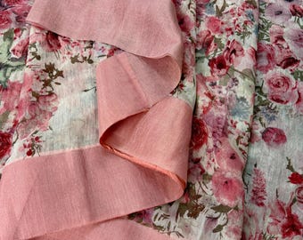 Pastel Pink Floral Print Saree in Linen Cotton with Tissue Border
