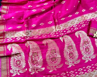 Rani Pink Color Linen blend with Cotton Silk Handloom Saree  with Minakari Work | Linen Saree  | Gift for Her | Kaash Collection