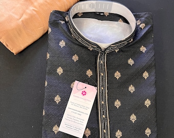 Designer Black Color Soft Silk Kurta with Lining Kurta Pajama for Men | Copper Zari Floral Weave | Exclusive Collection of Kurtas For Men