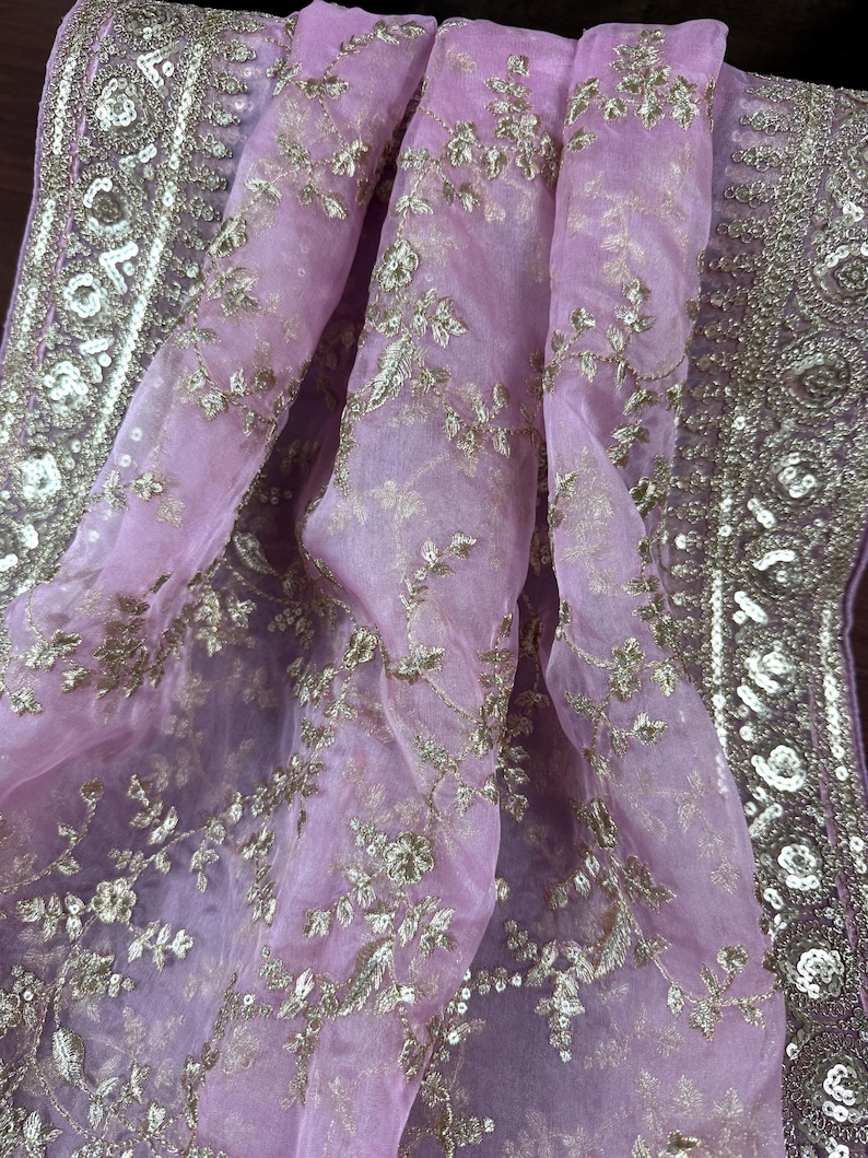 Statement Pastel Onion Lavender Color Organza Silk Dupatta With Muted ...
