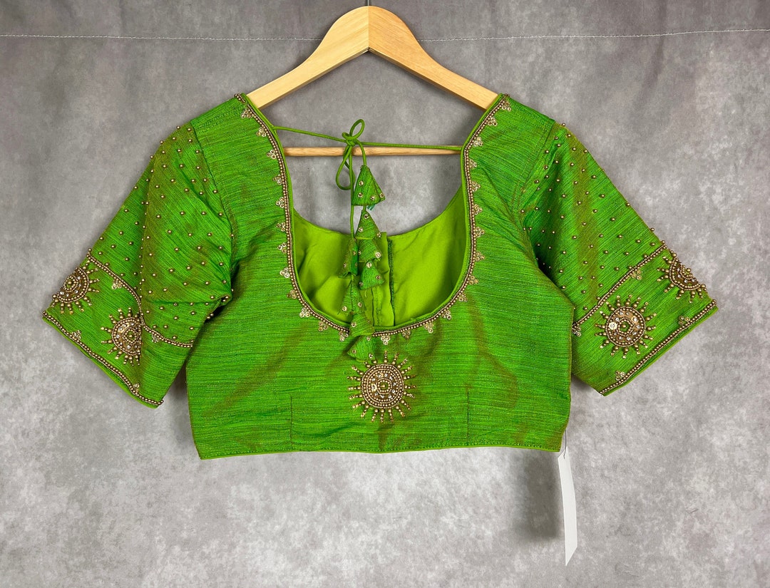 Parrot Green Raw Silk Ready to Wear Blouse | Handwork Blouses | Padded ...