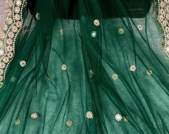 Bottle Green Color Soft Net Dupatta With Muted Gold Zari and