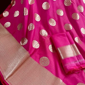 Pink Color Banarasi Silk Saree in Gold Zari Weave Work and Wide Border