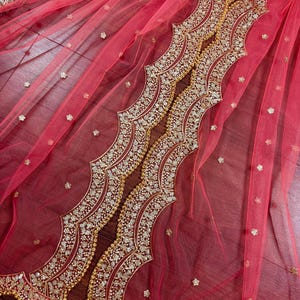 Coral Peach Color Net Dupatta with Gold Zari, Sequin and Beads | Peach Color Wedding Dupatta | Sequin Dupattas | Indian Dupatta for Lehanga