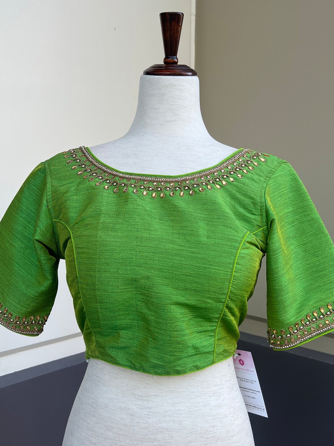 Parrot Green Color Raw Silk Ready to Wear Blouse | Handwork Blouses ...