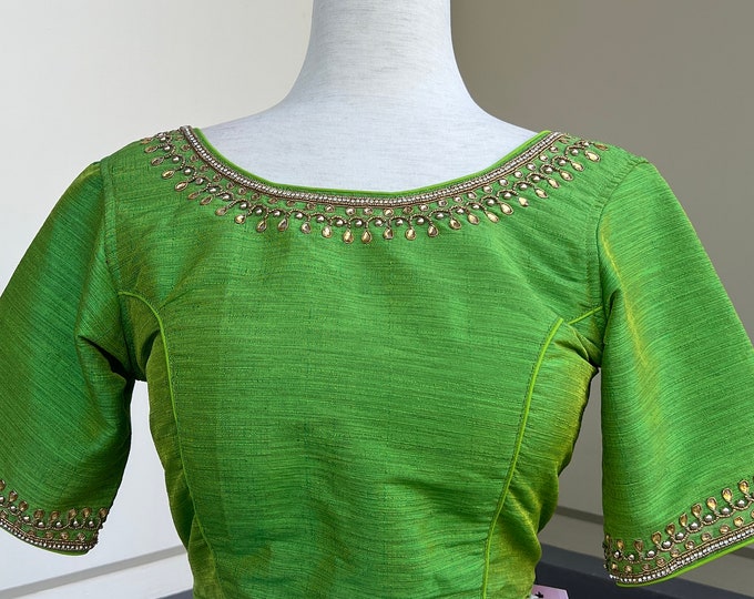 Parrot Green Color Raw Silk Ready to Wear Blouse | Handwork Blouses ...