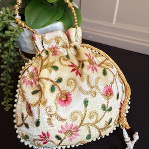 Raw Silk Floral Light Weight Potli Bag | Embroidery Work Potli Bags | Bags for Gifts | Wedding Bags