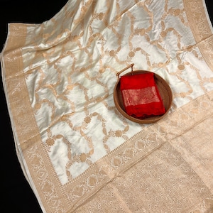 Statement Creamy Gold Color with Red Blouse Pure Banarasi Satin Silk Saree with Handwoven Gold Zari Weaved Saree - Silk Mark Certified