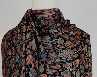 Black Kashmiri Shawl, Chinar Leaves Pattern, Viscose-Wool Blend, Soft Wrap