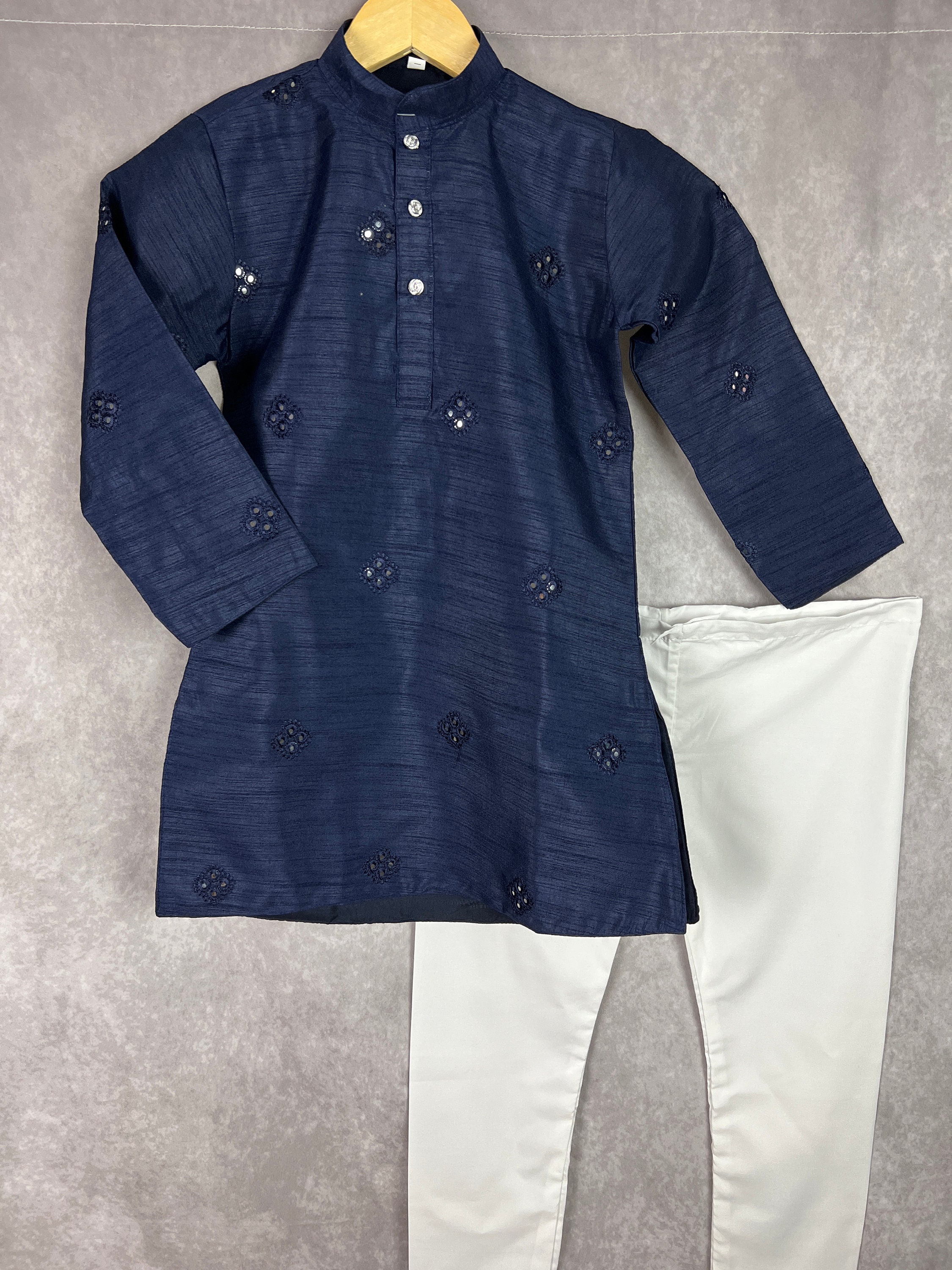Size 6 Dark Blue 2pcs Boys Kurta Pajama Set in Soft Raw Silk with Lining | Embroidery Work | Boys Wedding Wear Kurta Sets | Kurta for Boys Size 6 Dark Blue 2pcs Boys Kurta Pajama Set in Soft Raw Silk with Lining | Embroidery Work | Boys Wedding Wear Kurta Sets | Kurta for Boys