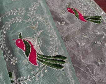 Pastel Ice Green Tissue Net Dupatta | Silver Zari, Parrot Motifs