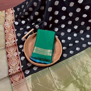Black with Green Traditional Banarasi Silk Handloom Saree with Paithani Border and Pallu | Meenakari Work | Floral Saree