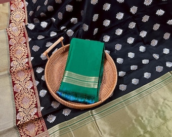 Black with Green Traditional Banarasi Silk Handloom Saree with Paithani Border and Pallu | Meenakari Work | Floral Saree