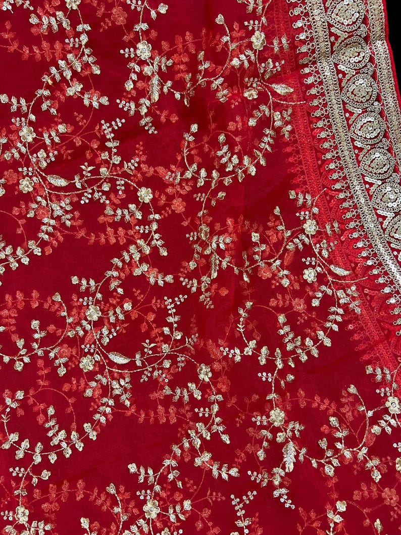 Red Color Organza Dupatta With Gold Zari, Embroidery and Sequins. - Etsy