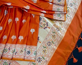 Orange Color Paithani Mashru Silk Saree with Meenakari Work with Sliver and Gold Zari Weave | Mashru Silk Sarees | Paithani Sarees