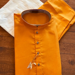 Size-36 | Premium Quality Orange Cotton Kurta with White Bottom - 2pcs Set  | Mens Ethnic Wear |  Kaash Collection
