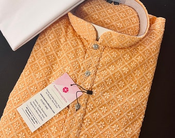 Peach Georgette Chikankari Kurta Pajama Set | Lucknowi Embroidery Mens Ethnic Wear