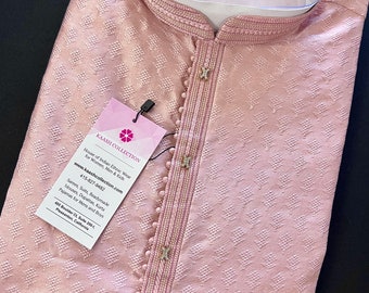 Tea Pink Color Raw Silk Kurta Pajama for Men | Self Design Embroidery Buttis | Cream Mens Kurta | Kurta Store in USA