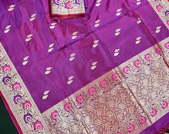 Handwoven Purple Color Pure Katan Silk Saree with Gold Zari Weave with Paithani broders and Pallu | Pure Silk Sarees | | SILK MARK CERTIFIED