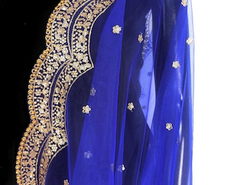 Blue Color Net Dupatta with Gold Zari, Sequin and Bead  | Sequin Dupatta | Indian Dupatta for Lehanga | Weddding, Party Wear Dupatta