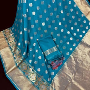 Statement Handmade Bright Firozi Color Banarasi Soft Silk Saree - Tour