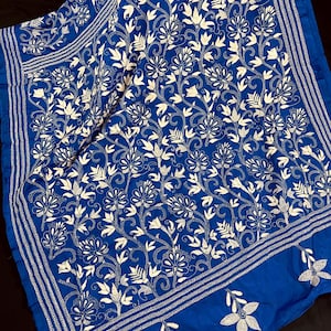 Royal Blue Color Bangalori Silk Saree with Dense Hand Kantha Stitch Work in Floral Pattern | Handwoven Kantha Stitch Saree | Kantha Saree
