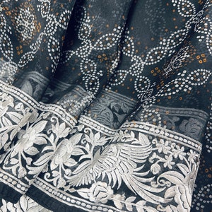 Black Color Pure Kora Organza Bandhej Bandhani Saree with Parsi Gara Embroidery Work | SILK MARK CERTIFIED | Black Color Saree | Parsi Sari