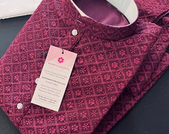 Wine Color Chikankari Lucknowi Georgette Men Kurta Pajama Set with Lining | Chikhankari Kurta | Mens Wear