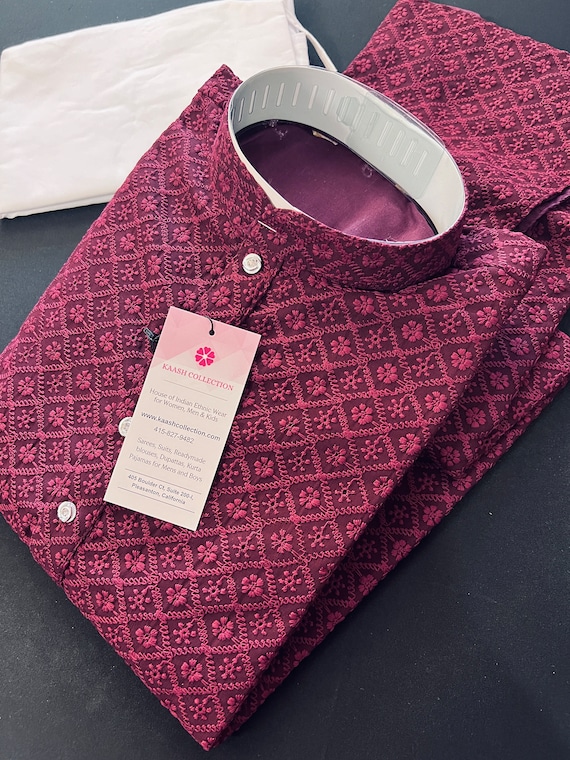 Size 46 Wine Color Chikankari Lucknowi Georgette Men Kurta Pajama
