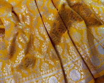 Yellow Color Pure Katan Silk Saree with Sliver Zari Weave, Silk Mark Certified