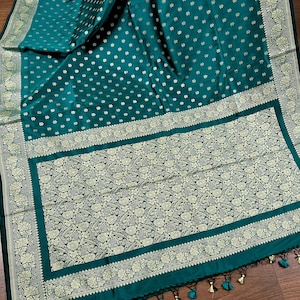 Handmade Green Color Soft Satin Silk Saree | Muted Gold Resham Zari Weave | Brocade Blouse